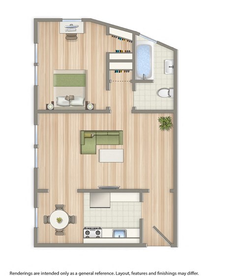 Floor plan for 1 bed, 1 bath, 500 sqft